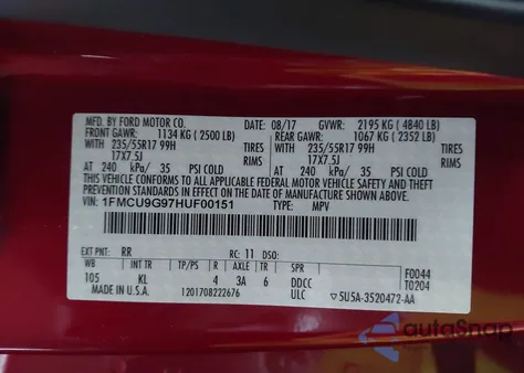 2017 Ford Escape Se from USA, damaged, VIN 1FMCU9G97HUF00151